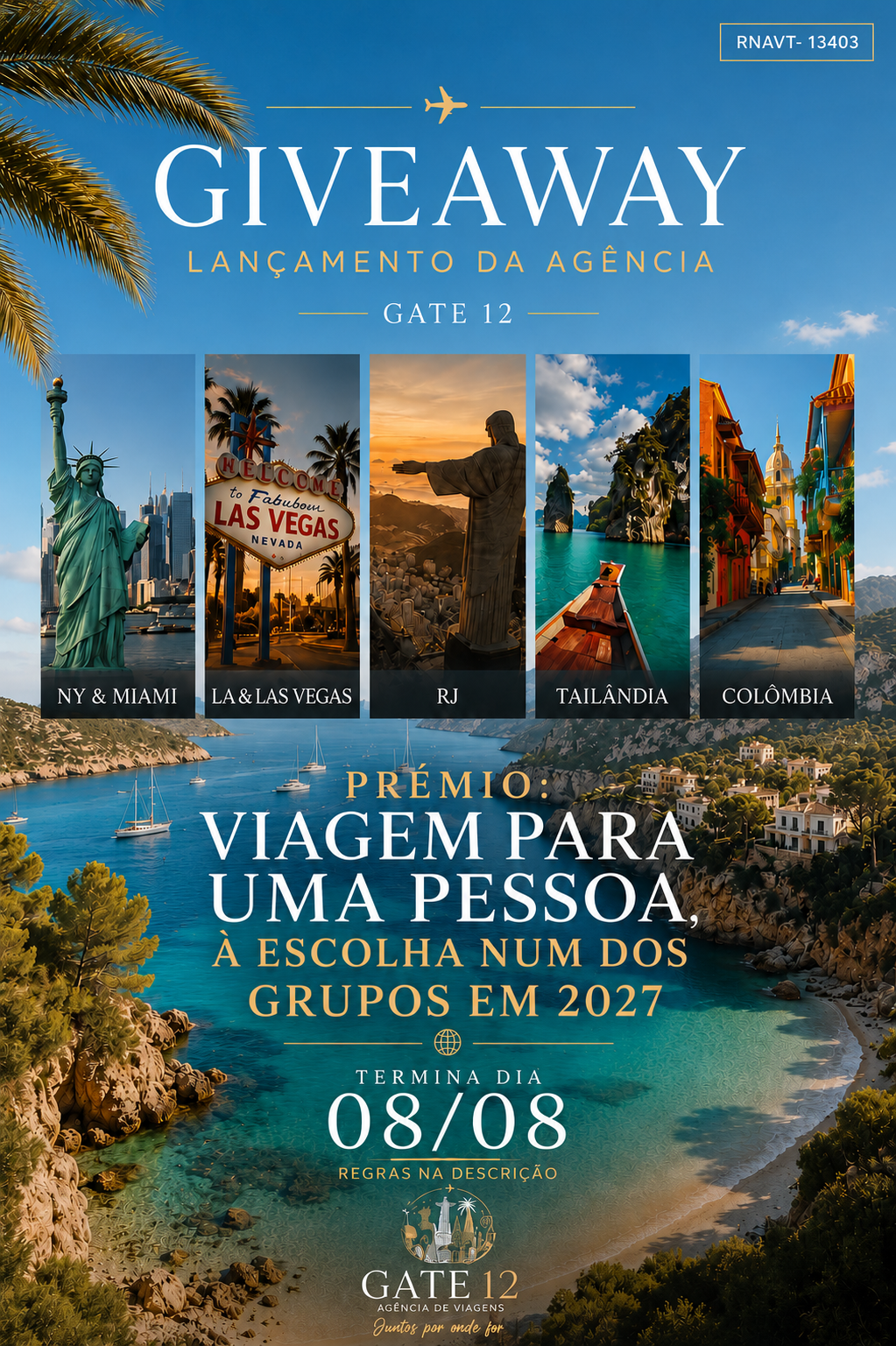 Giveaway — Lançamento da agência Gate12. Prémio: viagem para uma pessoa à escolha num dos grupos em 2027. Termina dia 08/08.